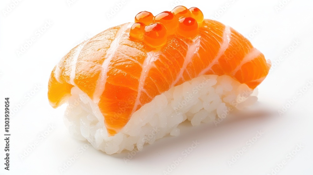 A vibrant piece of sushi featuring salmon atop a mound of sushi rice, garnished with delicate roe. A vibrant piece of sushi featuring salmon atop a mound of sushi rice, garnished with delicate roe.