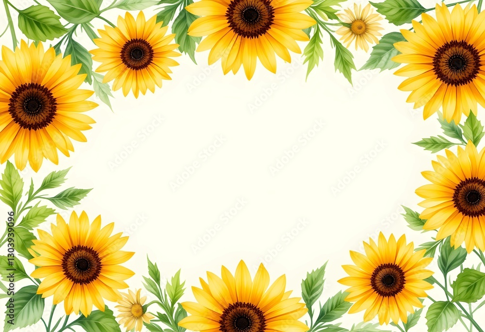 Sunflower Border Frame With Green Leaves On White Background. Greeting Invitation, Perfect for summer and garden themes. Sunflower Border Frame With Green Leaves On White Background. Greeting Invitation, Perfect for summer and garden themes.