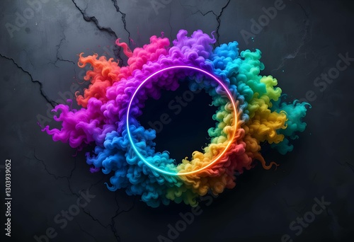 Abstract Vibrant Rainbow Color Smoke Circle With Glowing Neon Ring On Dark Background. Vivid spectrum of colors