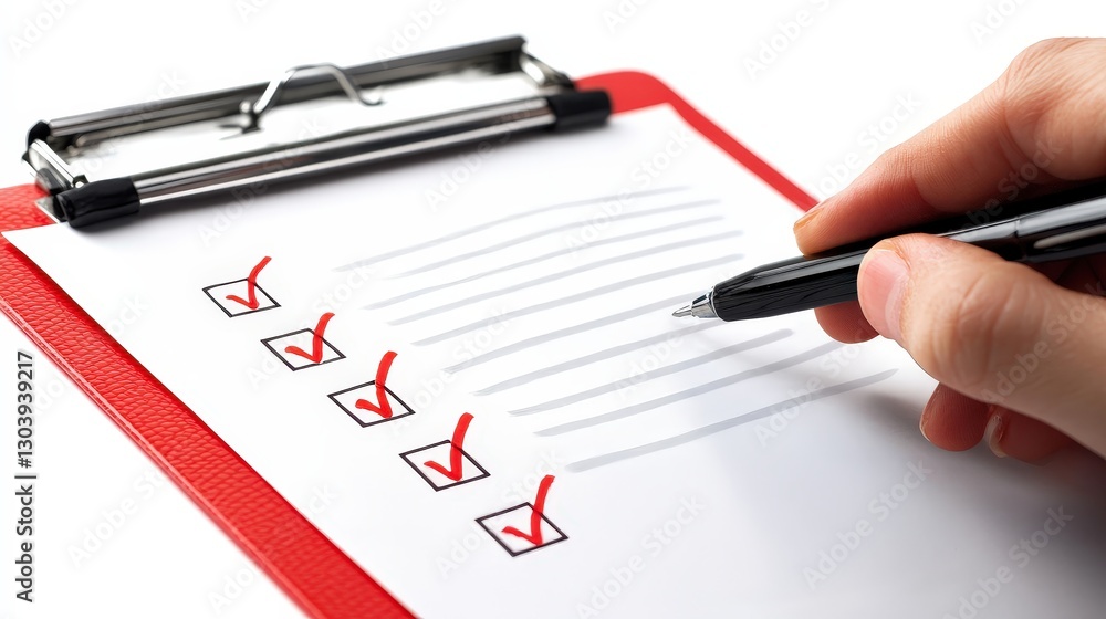 A hand is holding a pen, checking off items on a clipboard with a checklist, emphasizing organization and task completion. A hand is holding a pen, checking off items on a clipboard with a checklist, emphasizing organization and task completion.