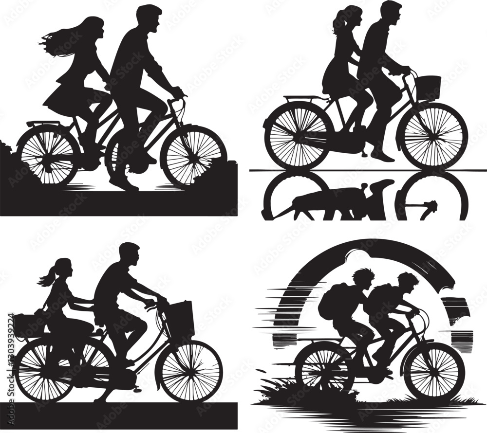 Obraz premium Create a boys and girls bicycling vector art silhouette with white background.