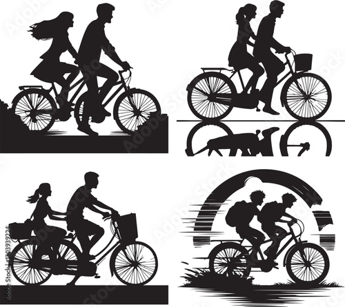 Create a boys and girls bicycling vector art silhouette with white background.