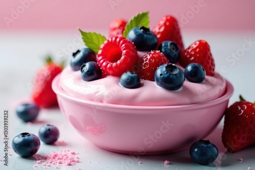Velvety yogurt and tangy raspberries merge with plump strawberries and juicy blueberries in a stunning contrast, velvety yogurt, dessert art, frozen dessert