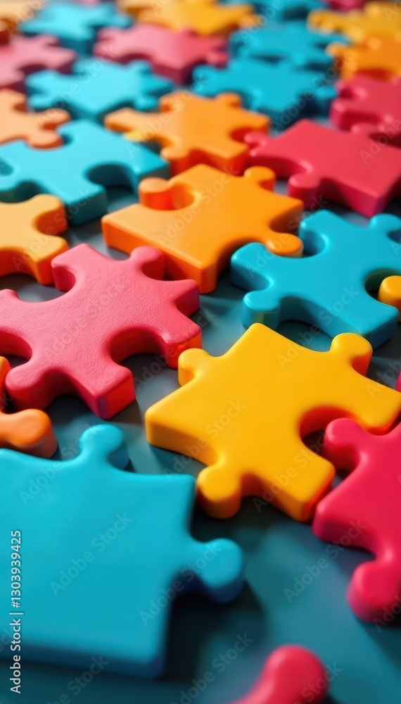 Close-up shot of colorful plastic puzzle pieces, interlocked , bright, interlocking Close-up shot of colorful plastic puzzle pieces, interlocked , bright, interlocking