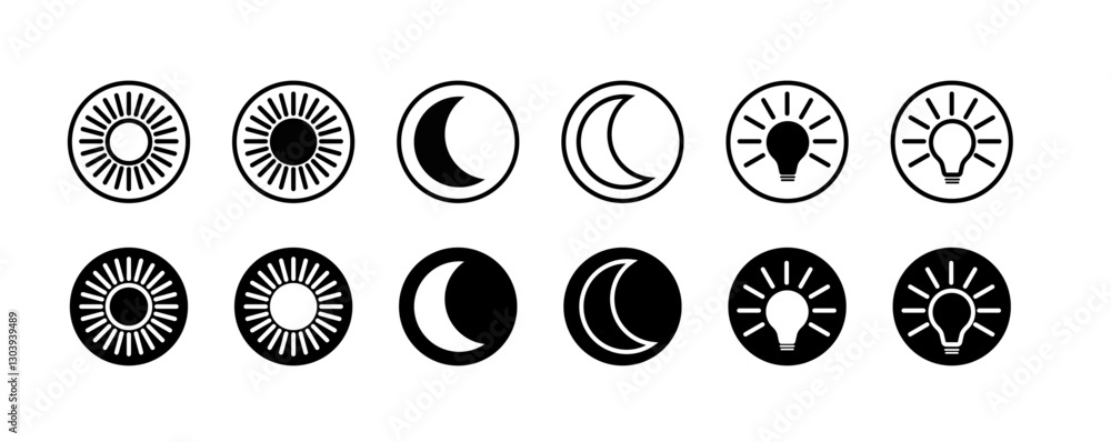 Mobile apps or website screen brightness icon set. Day and night mode. sun, moon, and lamp or bulb sign in filled and outlined icon set. Adjust Contrast icon ,vector silhouette. Temperature icon, Scre Mobile apps or website screen brightness icon set. Day and night mode. sun, moon, and lamp or bulb sign in filled and outlined icon set. Adjust Contrast icon ,vector silhouette. Temperature icon, Scre