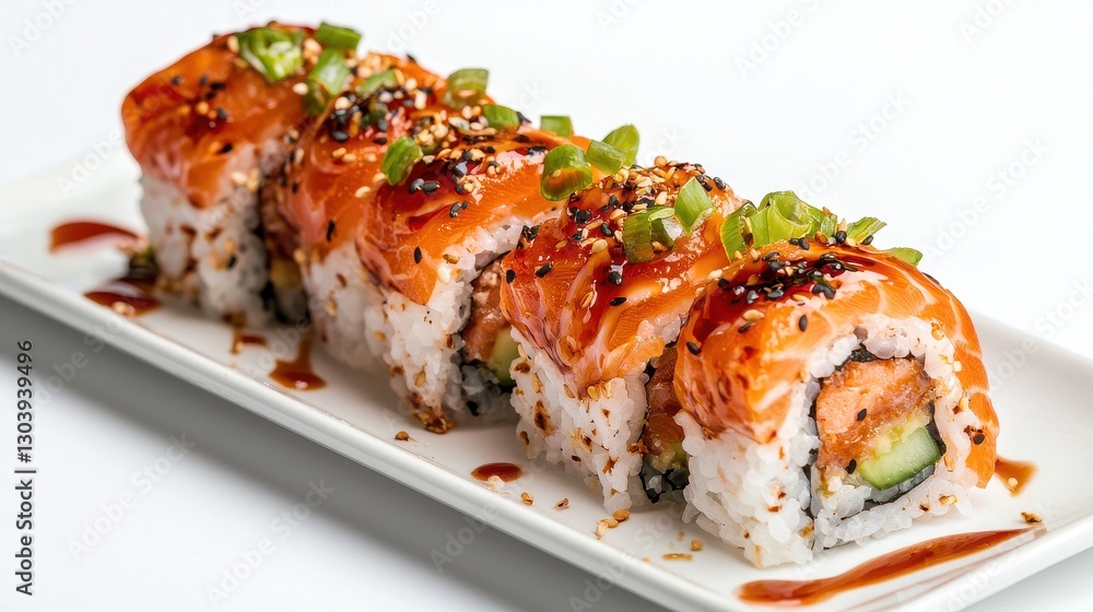 Delicious sushi rolls topped with a savory sauce and garnished with green onions, served on a white plate. Delicious sushi rolls topped with a savory sauce and garnished with green onions, served on a white plate.