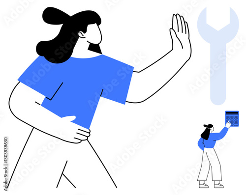 Woman facing forward raising hand in assertive motion alongside giant wrench and small figure holding calculator. Ideal for problem-solving, organization, empowerment, technology, teamwork, repair