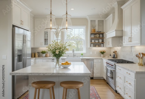 Bright airy kitchen, white shaker cabinets, marble countertops, pendant lights, stainless steel appliances, wooden bar stools, farmhouse sink, large window, natural light, colorful rug, floral arrange