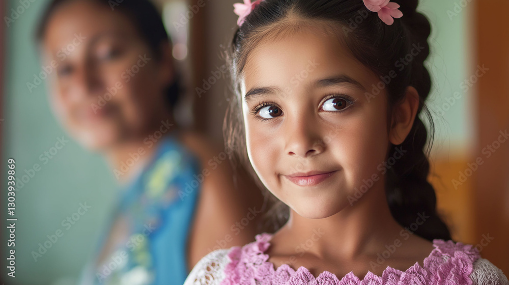 A little Latina child having a conversation with her mom indoors. A little Latina child having a conversation with her mom indoors.