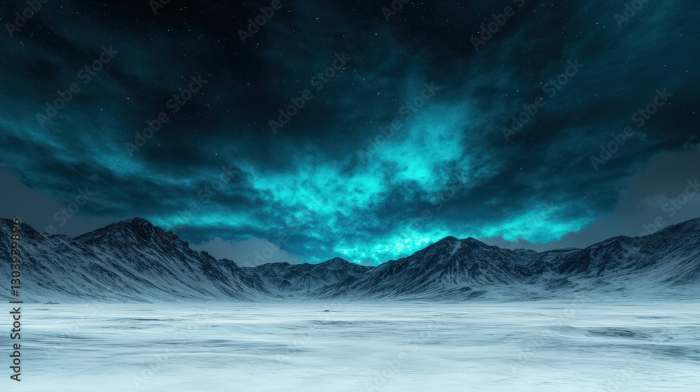 Fototapeta premium A breathtaking icy landscape with dramatic dark clouds illuminated by vibrant turquoise hues, evoking a sense of mystery and wonder.