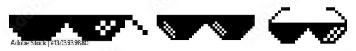 Pixel boss glasses set. Gangster, bandit glasses. Vector Illustration of pixel sunglasses in 8 bit style. Like a boss meme. Thug Life Glasses. Black thug life meme like glasses in pixel style.