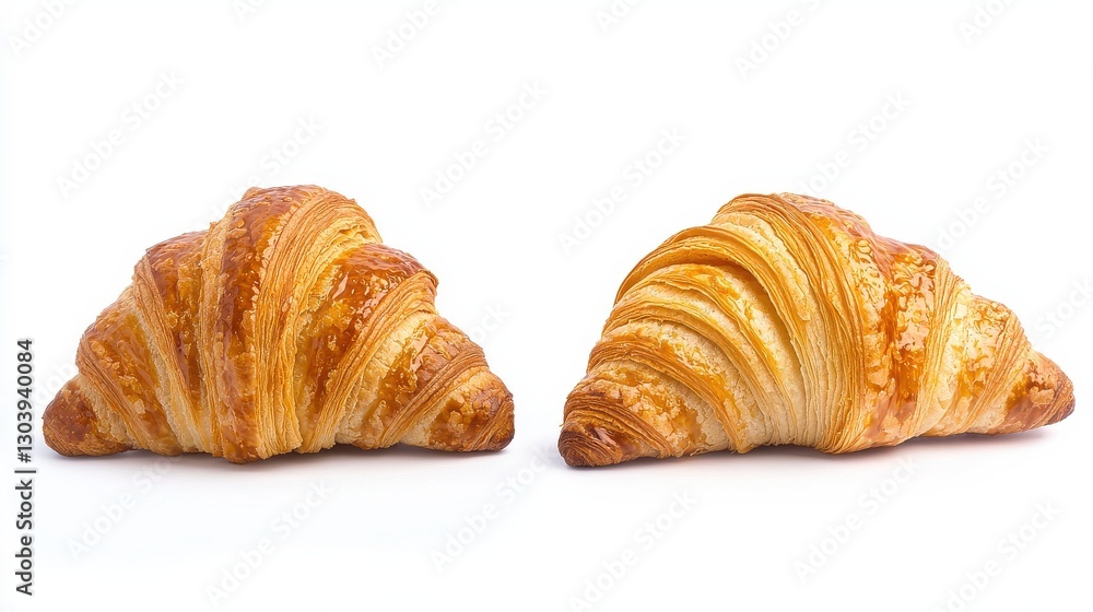 Two golden, flaky croissants sit side by side, showcasing their buttery layers and appetizing appearance. Two golden, flaky croissants sit side by side, showcasing their buttery layers and appetizing appearance.