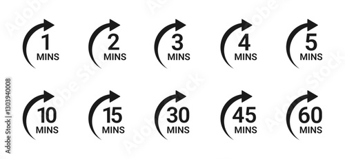 Set of minutes icons with circle arrows. Stopwatch symbols. 1, 2, 3, 4, 5,10, 15, 30, 45, 60 min and 1 hour sport or cooking timer signs. stopwatch icon set, Timer, clock, stopwatch symbol. 5 minute t