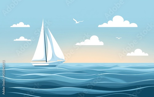 Sailing yacht on calm ocean, sunrise sky, birds, clouds
