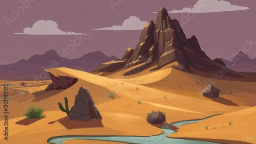 Serene Desert Landscape with Majestic Mountain and Winding Creek