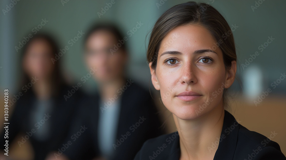 Businesswoman in her 40s with coworkers in the background Businesswoman in her 40s with coworkers in the background