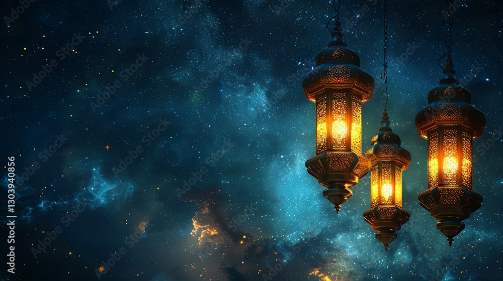 Illuminated decorative hanging lanterns are against a starry space background Illuminated decorative hanging lanterns are against a starry space background
