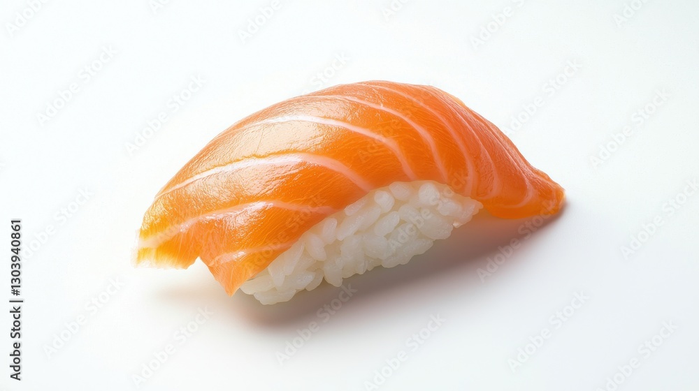 A single piece of salmon nigiri sushi, featuring thinly sliced salmon atop a small mound of vinegared rice, displayed against a plain background. A single piece of salmon nigiri sushi, featuring thinly sliced salmon atop a small mound of vinegared rice, displayed against a plain background.