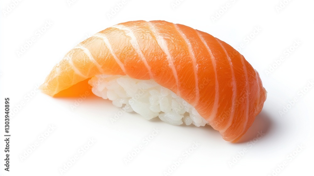A slice of fresh salmon sushi resting on a bed of seasoned rice, showcasing vibrant colors and a delicate texture. A slice of fresh salmon sushi resting on a bed of seasoned rice, showcasing vibrant colors and a delicate texture.