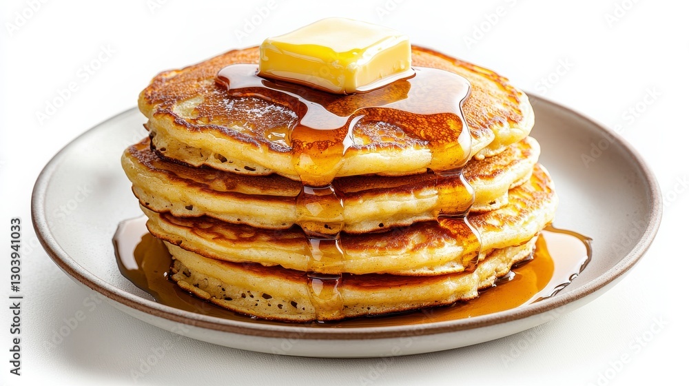 Buttery Pancakes with Syrup on Brown Plate Buttery Pancakes with Syrup on Brown Plate