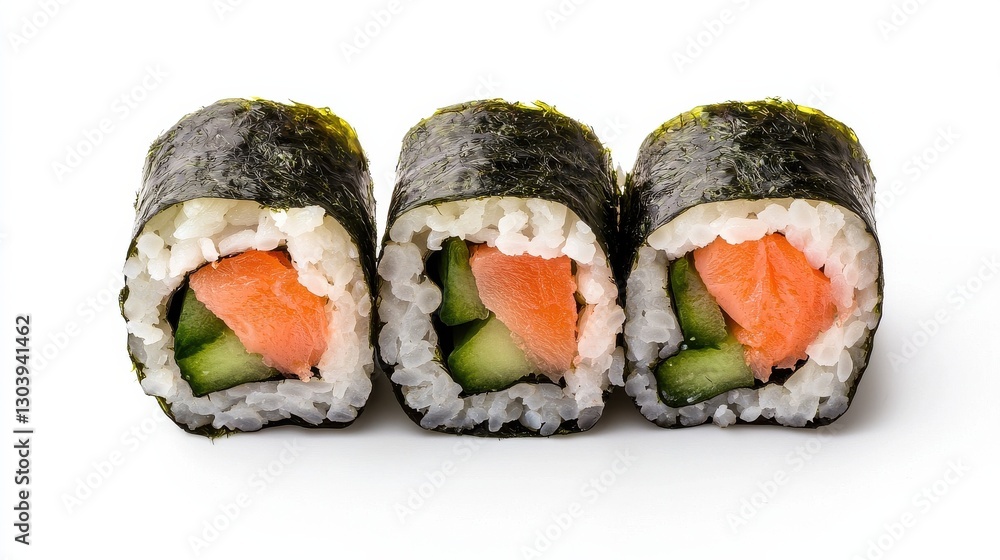 Three pieces of sushi rolls featuring salmon and cucumber, wrapped in seaweed, showcasing a colorful and appetizing presentation. Three pieces of sushi rolls featuring salmon and cucumber, wrapped in seaweed, showcasing a colorful and appetizing presentation.