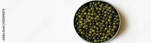 A tin of dark green caviar on a white background, high-resolution photography.