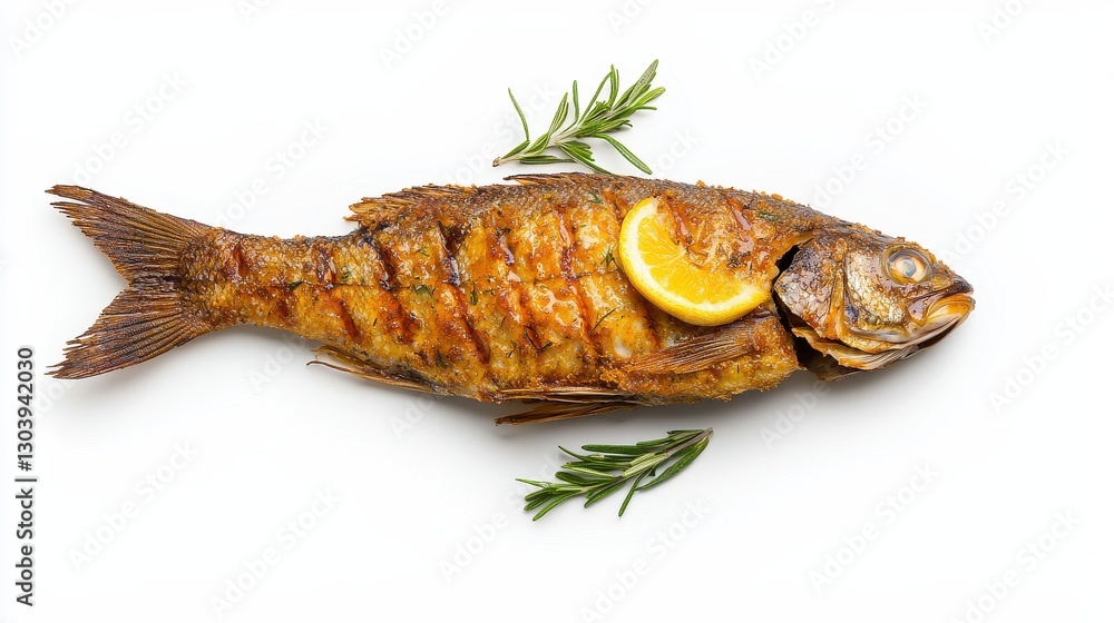 Grilled fish garnished with lemon and herbs, presenting a delicious seafood dish ideal for culinary enthusiasts and health-conscious diners. Grilled fish garnished with lemon and herbs, presenting a delicious seafood dish ideal for culinary enthusiasts and health-conscious diners.