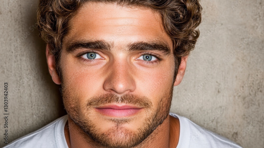 Obraz premium Close-Up Portrait of Young Man with Curly Hair and Blue Eyes