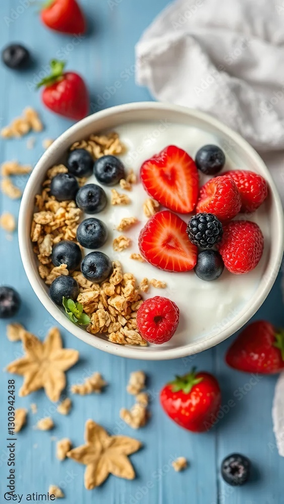 Bowl of homemade granola yogurt and berries on a blue table, snackTime, yogurtParfait Bowl of homemade granola yogurt and berries on a blue table, snackTime, yogurtParfait