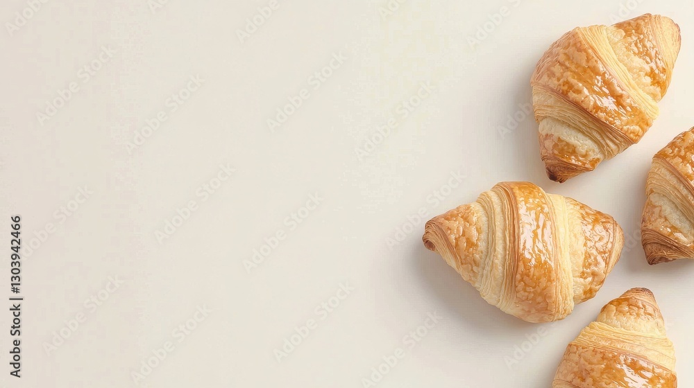 Three golden-brown croissants on a light background, showcasing their flaky texture and deliciousness. Three golden-brown croissants on a light background, showcasing their flaky texture and deliciousness.