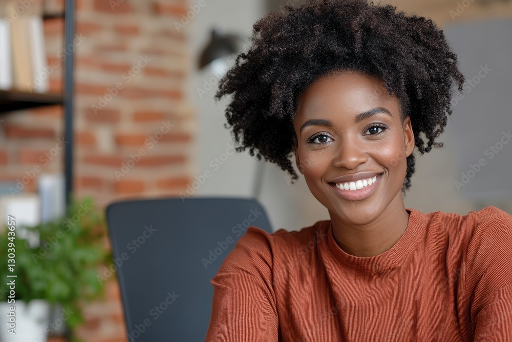 Fototapeta premium Smiling Woman with Curly Hair in Home Office