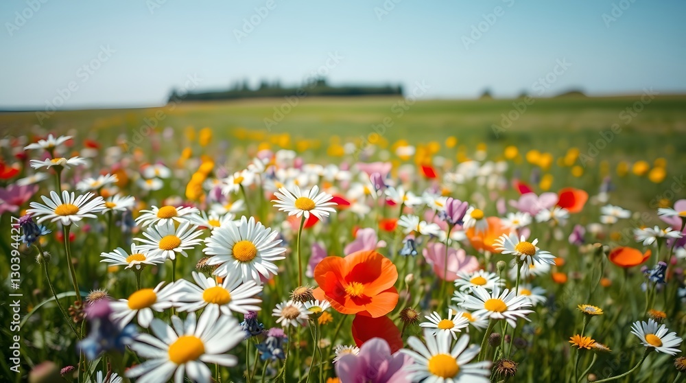 A vibrant field of wildflowers blooms under a clear sky. A natural scene that captures the beauty and tranquility of nature. A vibrant field of wildflowers blooms under a clear sky. A natural scene that captures the beauty and tranquility of nature.