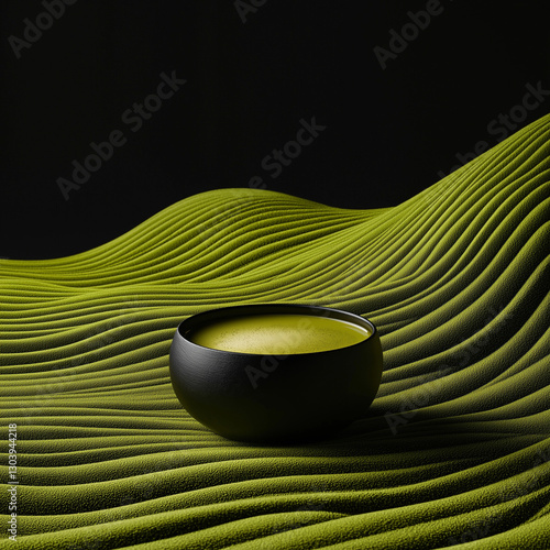 A black bowl of green liquid sits on a green surface