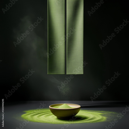A bowl of green powder is sprinkled on a dark background