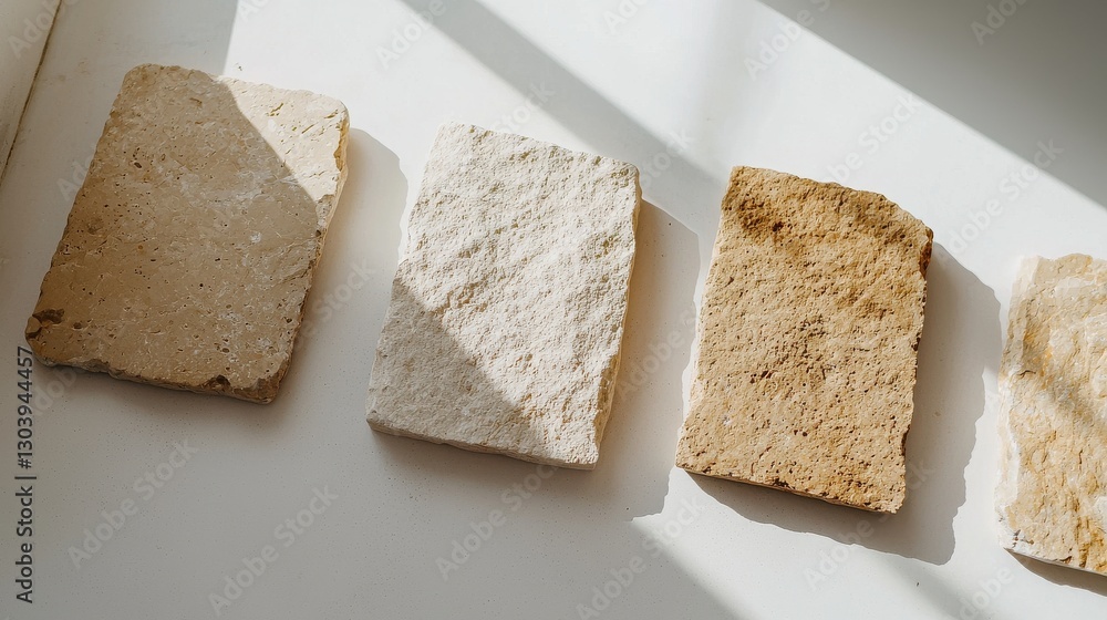 A collection of textured stone samples in varying shades, arranged in a line, showcasing natural patterns and colors under soft light. A collection of textured stone samples in varying shades, arranged in a line, showcasing natural patterns and colors under soft light.