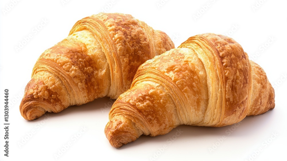 Two freshly baked croissants with a golden-brown flaky exterior, showcasing their delicious layers and inviting texture. Two freshly baked croissants with a golden-brown flaky exterior, showcasing their delicious layers and inviting texture.
