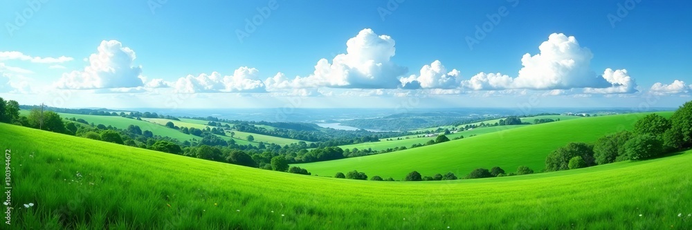 A panoramic aerial view of a lush green landscape with fluffy white clouds in a clear blue sky, blue sky, view, greenery A panoramic aerial view of a lush green landscape with fluffy white clouds in a clear blue sky, blue sky, view, greenery