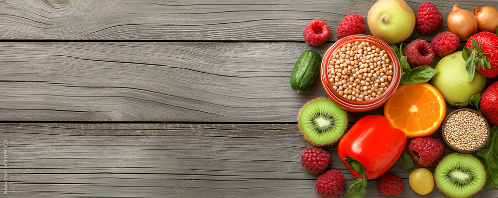 Vibrant Mix: A colorful array of fresh fruits, vegetables, and grains, artfully arranged on a rustic wooden surface, showcasing the bounty of nature and promoting a healthy lifestyle. Vibrant Mix: A colorful array of fresh fruits, vegetables, and grains, artfully arranged on a rustic wooden surface, showcasing the bounty of nature and promoting a healthy lifestyle.