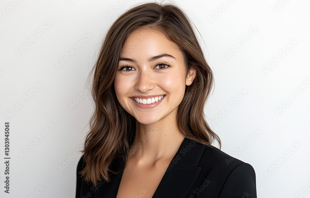 Young woman in a black blazer smiling confidently against a clean, light background Young woman in a black blazer smiling confidently against a clean, light background