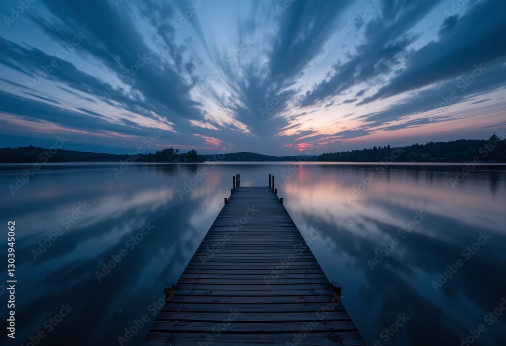 Fototapeta premium Serene Lakeside Dock At Twilight. Tranquil Water, A Peaceful Scene. Beautiful Sunset Reflections. Calming Nature Photography. Evening Sky. Relaxing Vacation Spot. Dreamy Horizon.