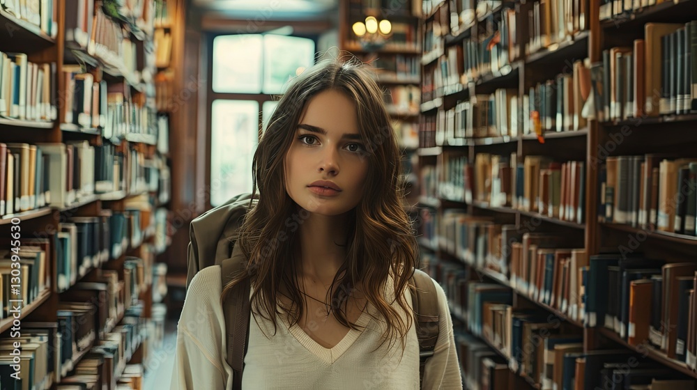 A young woman stands in a library surrounded by books A young woman stands in a library surrounded by books