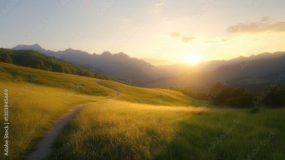 Fototapeta premium A serene landscape at sunset, showcasing rolling hills, a winding path, and vibrant colors illuminating the sky and fields.