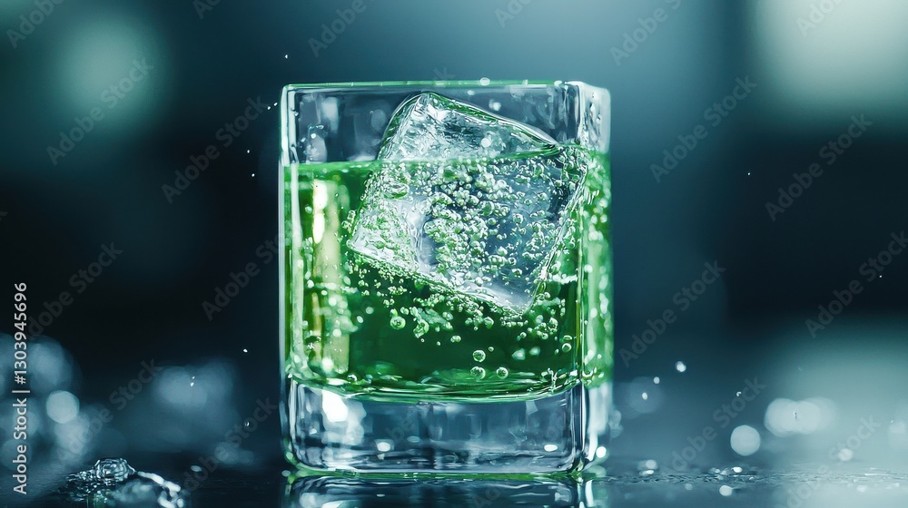 A vibrant green drink with ice cubes, surrounded by a soft-focus background, creating a refreshing and inviting atmosphere. A vibrant green drink with ice cubes, surrounded by a soft-focus background, creating a refreshing and inviting atmosphere.