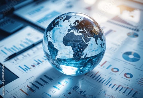 Global Analysis Data Globe. World Data Visualization Featuring Business Reports. Earth Model Reflecting Light. Informative Charts Representing Worldwide Statistics For Data Driven Decisions.