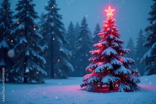 Snow-covered tree with glowing red star on top, snowfall,, forest