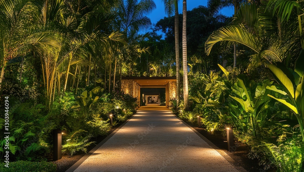 Obraz premium A well-lit pathway leads to the entrance of an upscale home, surrounded by lush tropical plants and trees at night.