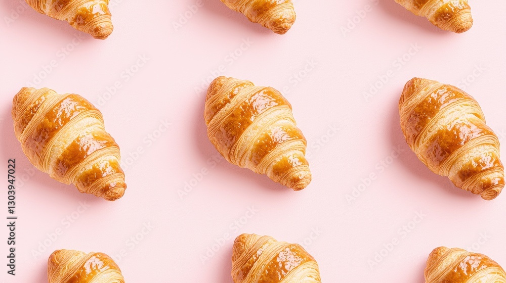 A flat lay of golden-brown croissants arranged neatly on a pastel pink background, creating a delightful and appetizing visual. A flat lay of golden-brown croissants arranged neatly on a pastel pink background, creating a delightful and appetizing visual.