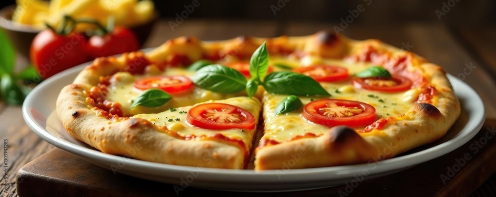 Platte de pizza sur assiette avec une portion de sauce tomate verte, tomate, salade, frites Platte de pizza sur assiette avec une portion de sauce tomate verte, tomate, salade, frites