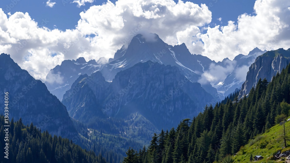 Fototapeta premium Majestic Mountain Range with Lush Green Forest Under a Cloudy Sky