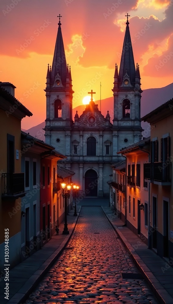 Fototapeta premium Callejas de la catedral al amanecer sonorense, sunrise, ciudad, religiosa